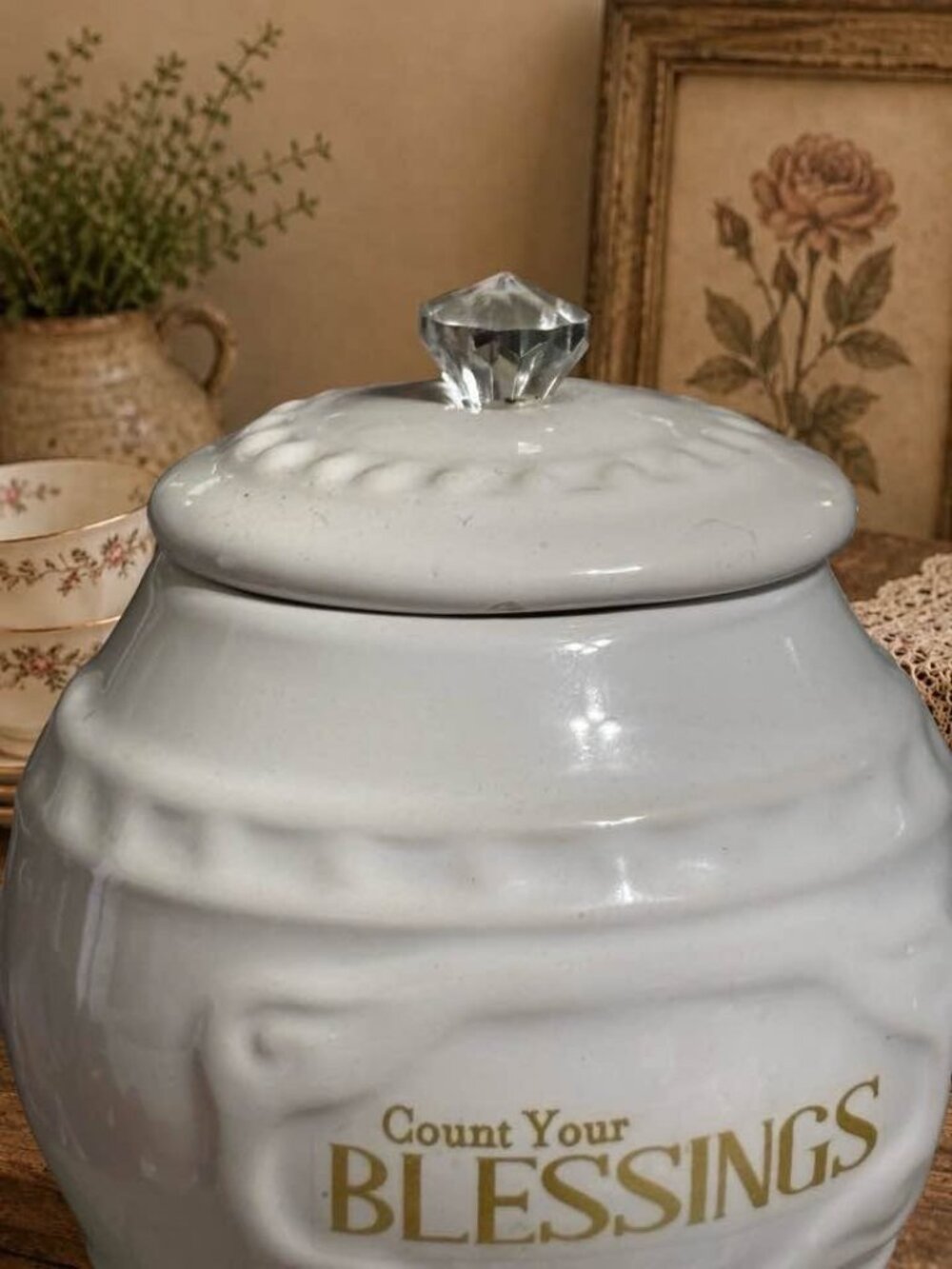 Count Your Blessings Jar Prayer Gratitude White Gold with Lid and Knob Young's I - Picture 4 of 6